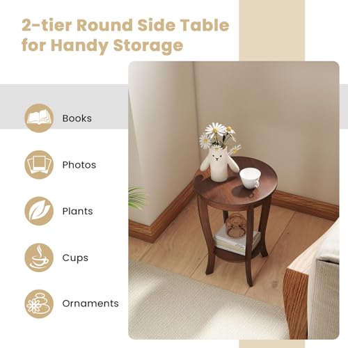 GOFLAME 2-Tier Round End Table, 18” Sofa Side Table with Storage Shelf, Floor Tea Table with Solid Wood Legs, Compact Nightstand for Small Space, Living Room, Bedroom, Walnut - color: Walnut