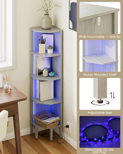 Corner Shelf Stand, 5 Tier Corner Bookshelf,Corner Furniture for Bedroom Display Corner Shelf for Small Space,Wood Shelves with Storage Rack for Living Room,Office,Gray - color: Grey