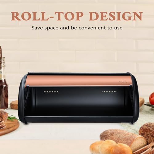 ENLOY Bread Box for Kitchen Countertop, Stainless Steel Bread Storage Bin for Kitchen with Roll Up Lid, Large Capacity Bread Keeper Holds Large Loaves of Bread (Rose Gold) 17 x 11 x 7 IN - color: Matte Black Rose Gold