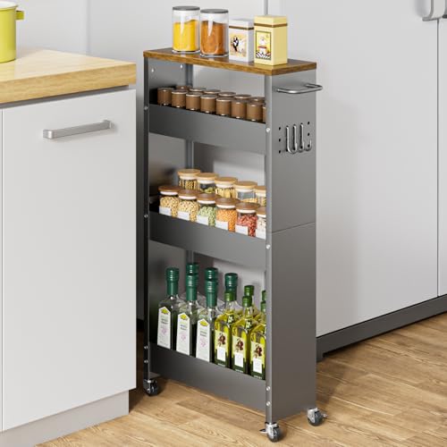 XYZLVSI Slim Storage Cart, 4 Tier Rolling Kitchen Cart on Wheels for Small Space, Narrow Laundry Bathroom Organizers Mobile Shelving Unit Metal Utility Cart with Handle, 5.9in Width, Gray - size: 5.9IN-Gray