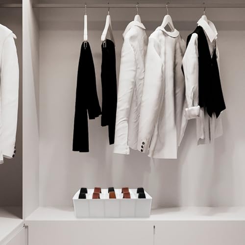 Plastic Belt Organizer, 10 Section Drawer Organizer for Storage Belt, Ties, Underwear and Socks, White Removable Dividers Storage Box for Closet Dresser Drawer, 12 x 6.2 x 3.1 Inch