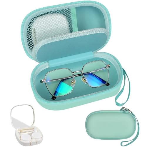 Portable 2 in 1 Contact Lens Case and Glasses Case, Traveling Contact Cases Bag Box Holder with Soak Storage Kit Included Built-in Mirror, Tweezer, Contact Lens Solution Bottle and Hand Strap-Green - color: Green