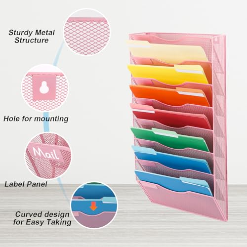 EASEPRES 8 Pocket Mesh Hanging Wall File Organizer, Wall Mounted Mail Paper Document Folder Holder, Clipboard Storage Organization Magazine Rack with Nametag Label for Office Home School, Pink - color: Pink, size: 8 Tier