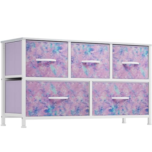 YITAHOME Wide Storage Tower with 5 Drawers - Fabric Dresser, Organizer Unit for Bedroom, Living Room, Closets - Sturdy Steel Frame, Easy Pull Fabric Bins & Wooden Top - color: Purple, style: 5-Drawer