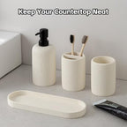 Bathroom Accessories Set, 4 Piece Travertine Stone Look Collection, Modern Bath Organizer with Soap Dispenser, Toothbrush Holder, Tumbler, Vanity Tray for Countertop Kitchen Sink (Off White) - color: Off White