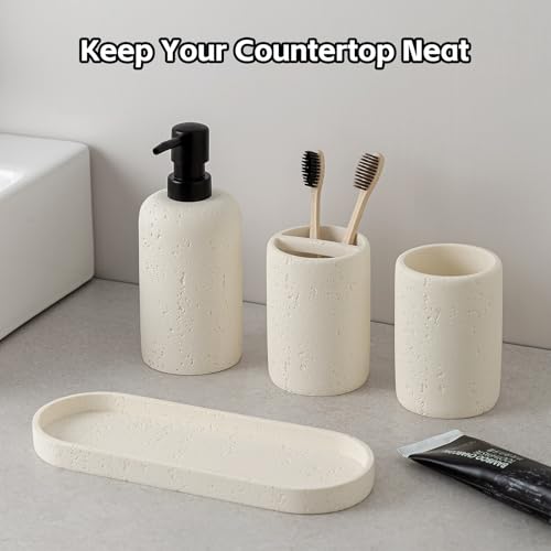 Bathroom Accessories Set, 4 Piece Travertine Stone Look Collection, Modern Bath Organizer with Soap Dispenser, Toothbrush Holder, Tumbler, Vanity Tray for Countertop Kitchen Sink (Off White) - color: Off White