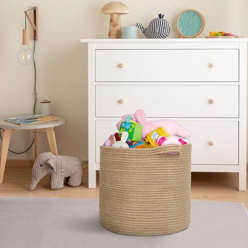 MEGASKET Large Wicker Storage Basket, 16" x 14" Jute Woven Basket with Handle, Living Room Blanket Storage, Big Wicker Laundry Basket, Kids Toy Bin Box Organizer, Decorative Round Baskets for Decor - color: Jute