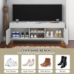 3More 40" Entryway Shoe Storage Bench,Upholstered Hidden Space Beneath Seat Cushion Bench,2-Tier Unique Geometric Shape with Wood Grain,White - color: White