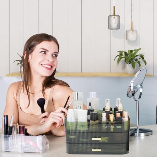 Makeup Organizer with 2 Drawers, Cosmetics Organizer for Bedroom and Bathroom Vanity Countertops, Large Capacity Cosmetic Storage Box for Skincare Cream Perfume Lipstick Dresser Counter-Green - color: Green-1, size: 2 Drawers