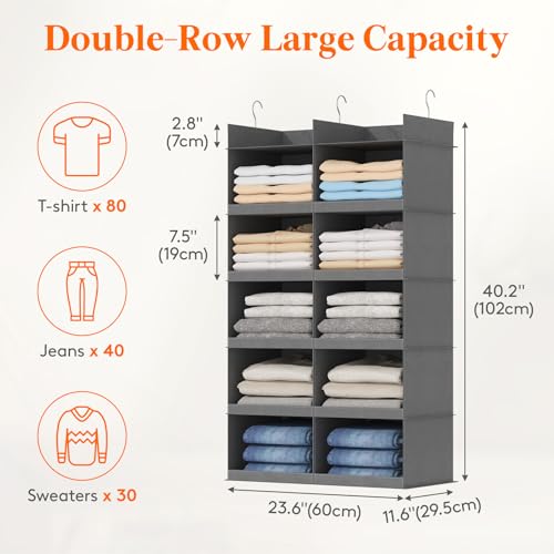 Lifewit Dual-Row Shelf Hanging Closet Organizer and Storage, Clothes Shelves with 3 Sturdy Hooks for Clothing Organization, Foldable Container Hold Up to 30 Sweaters, 5 Tier 10 Sections, Gray - color: Grey, size: 5-Tier