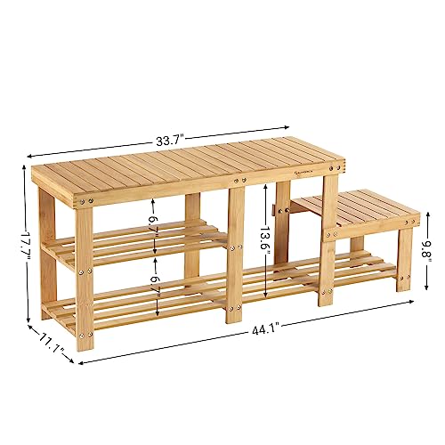 SONGMICS 2-Tier Shoe Bench Boot Organizing Rack Entryway Storage Shelf with High and Low Levels for Adult and Child Bamboo LBS120N - color: Light Bamboo, size: 11.1"D x 44.1"W x 17.7"H