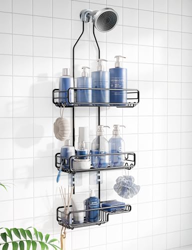 Shower Caddy Hanging Bathroom Organizer: Over Head Adjustable Rack for Tall Showerhead - Extra Large Storage Shelf for Big Shampoo Bottles with Soap Holder - color: Black