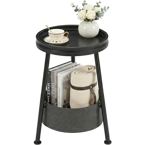 LEMONDA Small Round Side Table with Storage Basket, 11.8" Compact End Table with Tray Top & Fabric Bin, Black Wood Bedside Nightstand for Living Room, Bedroom, Small Spaces - color: Black