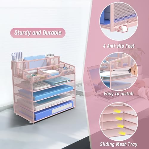 5 Tier Mesh Desk Organizer,Multi Functional Letter Paper Tray with 3 Pen Holders and 5 Adjustable Storage Compartments for Office Supplies Files and Mail Space Saving Desktop Organizer-Pink - color: 5 Tier-pink