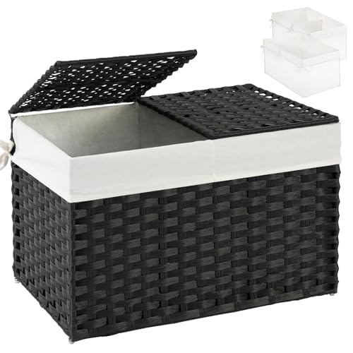 SETVSON Storage Basket with Lid Rattan Storage Basket with 2 Separate Lid, 27.8 Gallon (105 L) 25.2 * 15.4 * 16.1 Inches Woven Wicker Baskets with 2 Liners and Handles for Bedroom Laundry Black - color: Black, size: 105L-25.2L*15.4W*16.1H