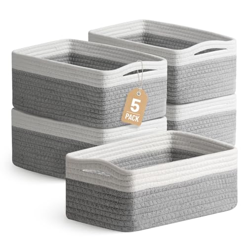 5 Pack Decorative Small Storage Baskets for Shelves, Cotton Rope Woven Basket for Organizing Bathroom, Nursery, Closet, Cabinet, Toys & Socks, Gift Baskets Empty, 11.8"x7.9"x4.7", Gray/White - color: Gray & White