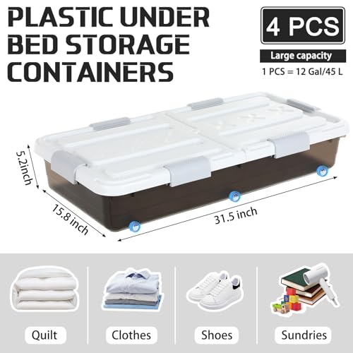 Beeveer 4 Pcs Plastic Under Bed Storage Container with Double Opening Lid Wheel Handle, Transparent Large Capacity Stackable Latching Festival Storage Bin for Closet Bedroom, 31.5x15.8x5.2 In(Brown) - color: Brown
