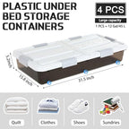 Beeveer 4 Pcs Plastic Under Bed Storage Container with Double Opening Lid Wheel Handle, Transparent Large Capacity Stackable Latching Festival Storage Bin for Closet Bedroom, 31.5x15.8x5.2 In(Brown) - color: Brown