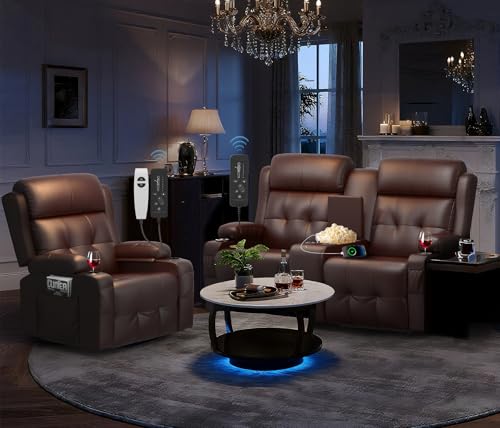 Recliner Sofa Set, RV Wall Hugger Recliners with Loveseat Recliner & Single Chair, Home Theater Reclining Sofa Set with USB, Cup Holders & Storage Console, Movie Theater Seats Couches for Living Room - color: Brown, size: 2-Seater + 1 Chair