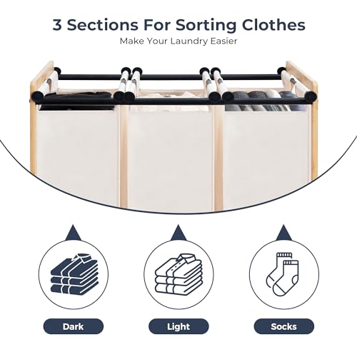 STO STO 3-Section Laundry Sorter with Bamboo Frame, Rolling Laundry Hamper Basket with Removable Bags and Lockable Wheels, Laundry Cart for Clothes Storage in Bedroom & Laundry Room, Beige - size: 3-Section