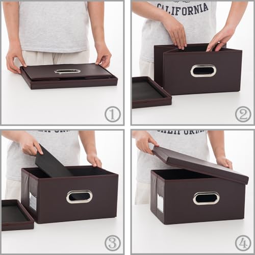 PRANDOM Collapsible Storage Box with Lid [3-Pack] Leather Fabric Foldable Storage Bin Organizer Container Basket Cube with Cover for Home Bedroom Closet Office Nursery Brown(13.6x9.6x6.9) - color: Brown, size: Small(3-Pack)