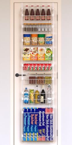 White Over the Door Pantry Organizer 8 Tier, Adjustable Basket Pantry Door Organizer and Storage, Heavy Duty Metal Kitchen Hanging Spice Rack (D5xW19xH50 Inches) - color: White