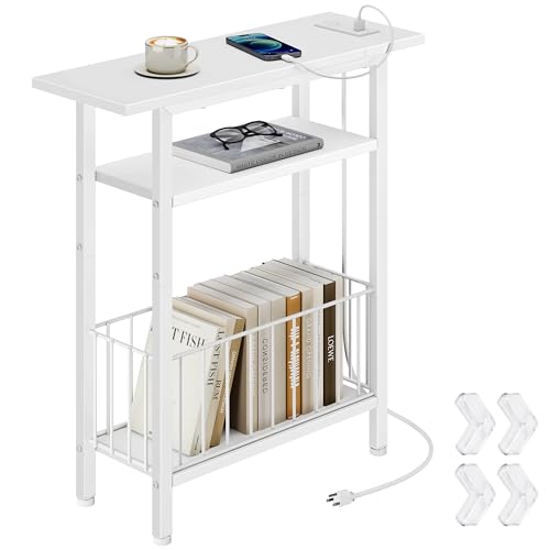 Vagusicc Narrow Side Table with Charging Station, Skinny Side End Table for Couch, 3-Tier Small End Tables for Small Spaces, 25.2" Tall Slim Nightstand Bedside Table for Living Room, Bedroom, White - color: White, style: With Plug