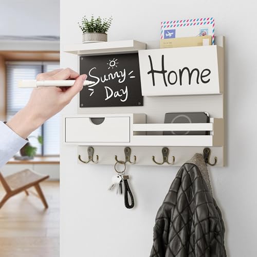 Farmhouse Key Holder for Wall with Mail Organizer - Easy Installation Wall Mount Organizer, Includes Chalkboard, Drawer, Wallet Holder & 4 Double Hooks, Ideal for Entryway, Quick Access - White - color: White
