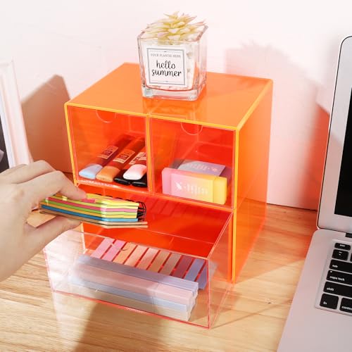 Gelite Desk Organizer with 3 Storage Drawers for Makeup Office Acrylic Desktop Drawer Organizer for Vanity Office Organization and Storage Box, Neon Orange - color: Neon Orange