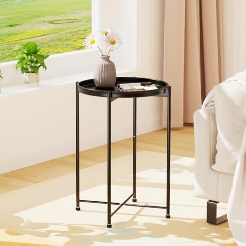 Garden 4 you Small Side Table, Mini Round End Table, Tray Table with Metal Frame, Modern Nightstand for Living Room, Bedroom, Patio, Small Space, Black - color: Black, size: 1 PCS