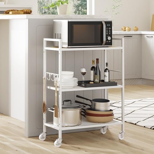3-Tier Metal Storage Rack with Industrial Wheels,Mesh Shelving Unit with Wooden Table top,Adjustable Shelf,23.6-Inch Width,for Kitchen,Laundry,Pantry,Plant,Oak panel and white frame - color: Oak Panel, size: 3 Tier (23.6"W x 11.8"D)
