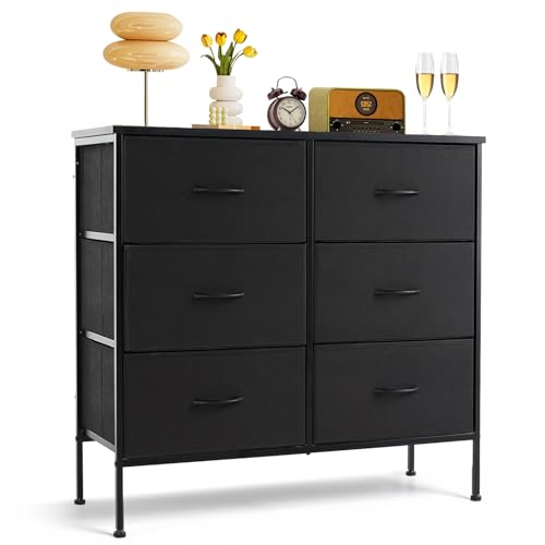 6-Drawer Dresser for Bedroom, Anti-Tip Wide Storage Organizer Chest of Drawers with Wooden Top and Metal Frame Fabric Bins for Closet, Living Room, Hallway, Entryway, Black - color: Black, size: 11.8"D x 31.5"W x 31.5"H (6 Drawers)