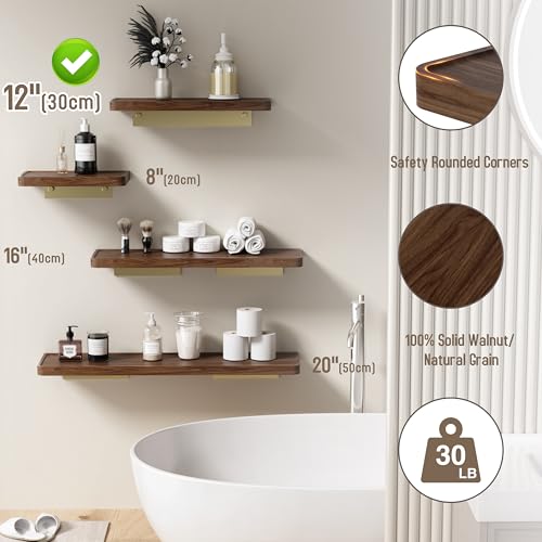 Danpoo 12 inch Floating Walnut wall Shelf, Small Wood Shelf for wall, Waterproof Wooden Shelf for Bathroom - color: Gold, size: 12 inch