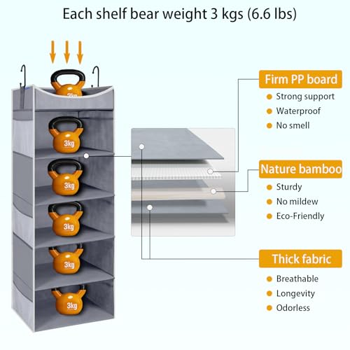 5-Shelf Hanging Closet Organizer and Storage with 6 Side Pockets, Collapsible Closet Hanging Shelves for Storage, Grey - size: 5-shelf