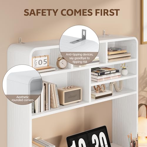 5-Tier Desk Shelf, 37.4''W Desktop Bookshelf for Computer Monitor, Desktop Organizer Shelf Storage Rack with 6 Cubbies, 5-Level Desk Hutch Display Rack for Home, Office, Dorm, Vanity, White - color: White, size: 37.4''W