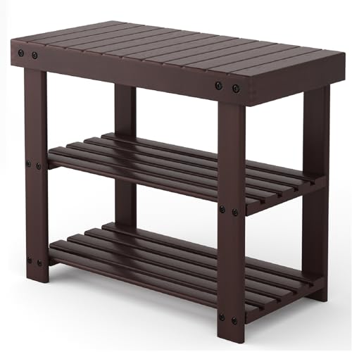 Sweetcrispy Shoe Rack Bench, 3-Tier Bamboo Entryway Storage Organizer, 286lb Capacity, Shoes Stand for FrontDoor Entrance, Bedroom, Living Room, Bathroom, Balcony, 19 Inches Length, Brown - color: Brown, size: 19 inches WIdth