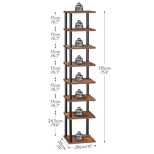HOOBRO Vertical Shoe Rack, 8-Tier Narrow Shoe Shelf, Shoe Storage Organizer for Small Space, 11" L x 11" W x 53" H, Closet, Entryway, Hallway, Bedroom, Rustic Brown and Black BF22XJ01 - color: Rustic Brown + Black, size: 11"L x 11"W x 53"H