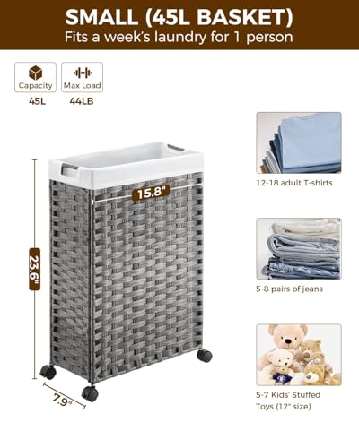 Greenstell Laundry Hamper with Wheels, 11.9 Gallon (45L) Small Clothes Hamper with 2 Removable Liner Bags & 2 Mesh Bags, Slim Rattan Laundry Basket for Bathroom, Bedroom, Grey - color: Grey, size: 45L (15.8 x 7.9 x 23.6 inches)