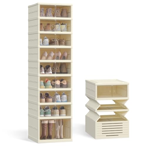 SONGMICS Foldble Shoe Storage Organizer for Closet, Stackable Sneaker Cabinet with Magnetic Door, Large Plastic Container Bins for Living Room, Entryway, 9-Tier for 18 Pairs, Cream White ULSP918WD01 - color: Cream White, size: 9 Tiers (18 Pairs)