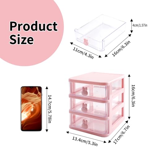 Desk Organizer with Drawer, Stackable Makeup Organizer White, Small Plastic Storage Box for Desktop, Bathroom Counter or Dresser, School, Home, Office (Pink-3 Tier) - color: Pink-3 Tier