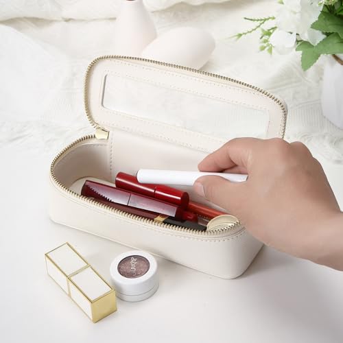 Aveniee Clear Makeup Brush Bag,Slim Cosmetic Brush Holder,Small Toiletry Bag Mini Travel Case for Women,Thin Make up Bags with Dual Zipper,Cute Travel Essentials Organizer,White - color: Off-White, style: Slim Elegance