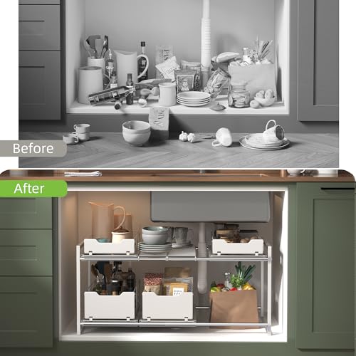 NETEL NETELAdjustable Under Sink Organizers and Storage, 2 Tier Expandable Pull Out Under Sink Organizers and Storage, 4 Pull-Out Metal Baskets, (21.5-31.64)" W X 14.69" D X 15.83" H - size: 4 pull out baskets(White)