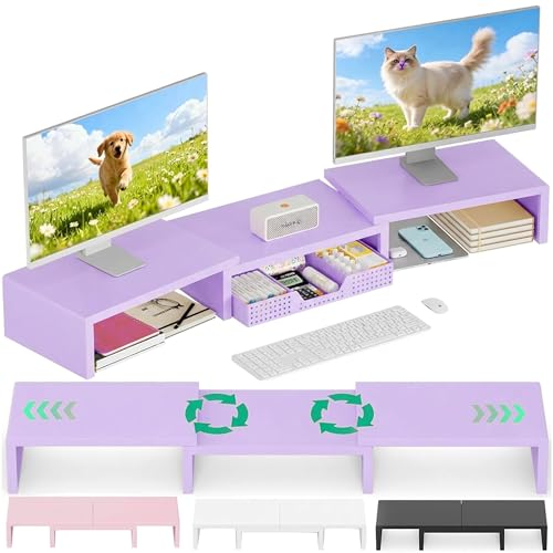 OPNICE Dual Computer Monitor Stand Riser with Drawer, Workspace Desk Organizer, Office Supplies Desk Accessories for Women, Purple - color: Purple