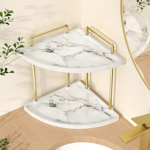 KES Marble Pattern Bathroom Corner Countertop Organizer, 2-Tier Ceramic Corner Counter Shelf, Vanity Skincare Perfume Organizer and Makeup Storage Tray Shelf, Polished Gold, BSC901B-PG - color: Polished Gold
