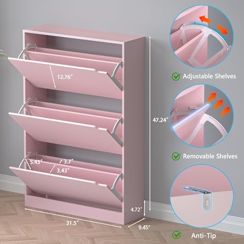BORNOON Shoe Cabinet with 3 Flip Drawers, Hidden Wood Shoe Cabinet,Freestanding Shoe Storage Cabinet for Entryway Hallway.White. 47.2" H*31.5" W*9.45" D (Pink) - color: Pink, size: 3 Drawers