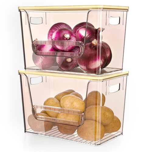 Delamu 2 Set Pantry Organizers and Storage,Trash Bag Dispenser with Bamboo Top,Stackable Trash Bag Dispenser Under Sink Organizer for 4-30 GalBags,Onion,Potato,Fruits,Amber(11-7/32"L*7" W*7-1/8"H) - color: Amber, size: 2pack