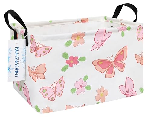 LANGYASHAN Rectangular Storage Bin Collapse Canvas Fabric Cartoon Storage Basket with Handles for Organizing Home Kitchen Boys and Girls Toys Office Closet Shelf Baskets (Rec Pink Butterfly) - color: Rec Pink Butterfly