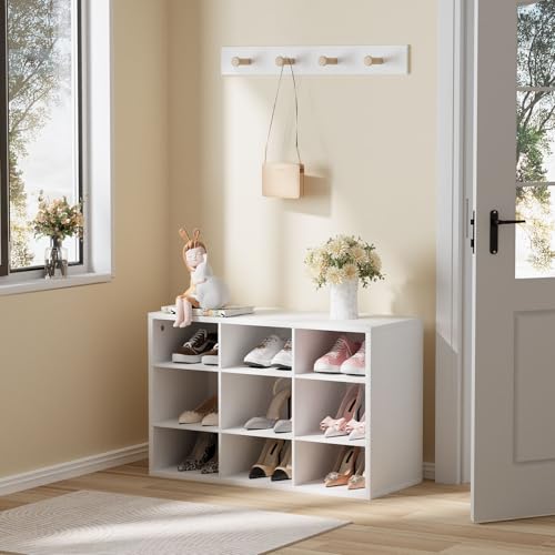 Garden 4 you Shoe Storage Bench, Cubby Shoe Rack with 9 Cubbies, 3-Tier Wood Shoe Rack Organizer, Shoe Organizer Cabinet for Entryway, Hallway, Closet and Garage, White - color: White, size: 9-cube 3-tier