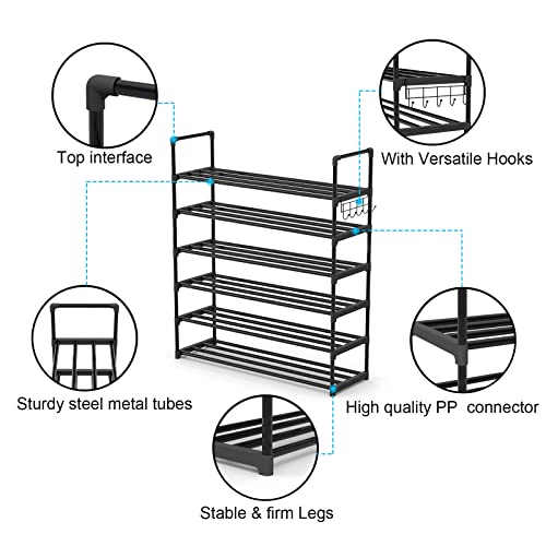 Hsscblet 6 Tiers Metal Shoe Rack,Adjustable Shoe Shelf Storage Organizer with Hooks,Stackable Boot & Shoe Storage,for Entryway,Hallway,Closet,Black - size: 6-Tier