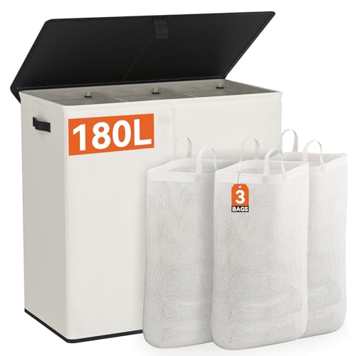 WOWLIVE Laundry Hamper with Lid,180L Large Laundry Basket 3 Section with Removable Washing Bags,Collapsible Waterproof Dirty Clothes Hamper for Laundry Room Bathroom Dorm,Beige - color: Beige, size: 180L (31.5x 12.2 x 27.5 Inches)